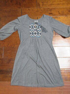 Earthbound Gray Tassel Knit 3/4 Sleeve Dress Size Medium Boho Casual Chic